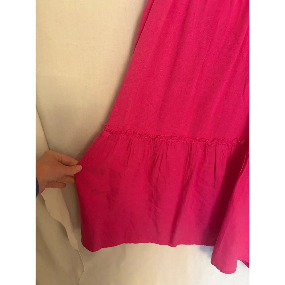 Crown & Ivy XSm Cottagecore Hot‎ Pink Tencel Tiered Ruffle Smocked Midi Dress
